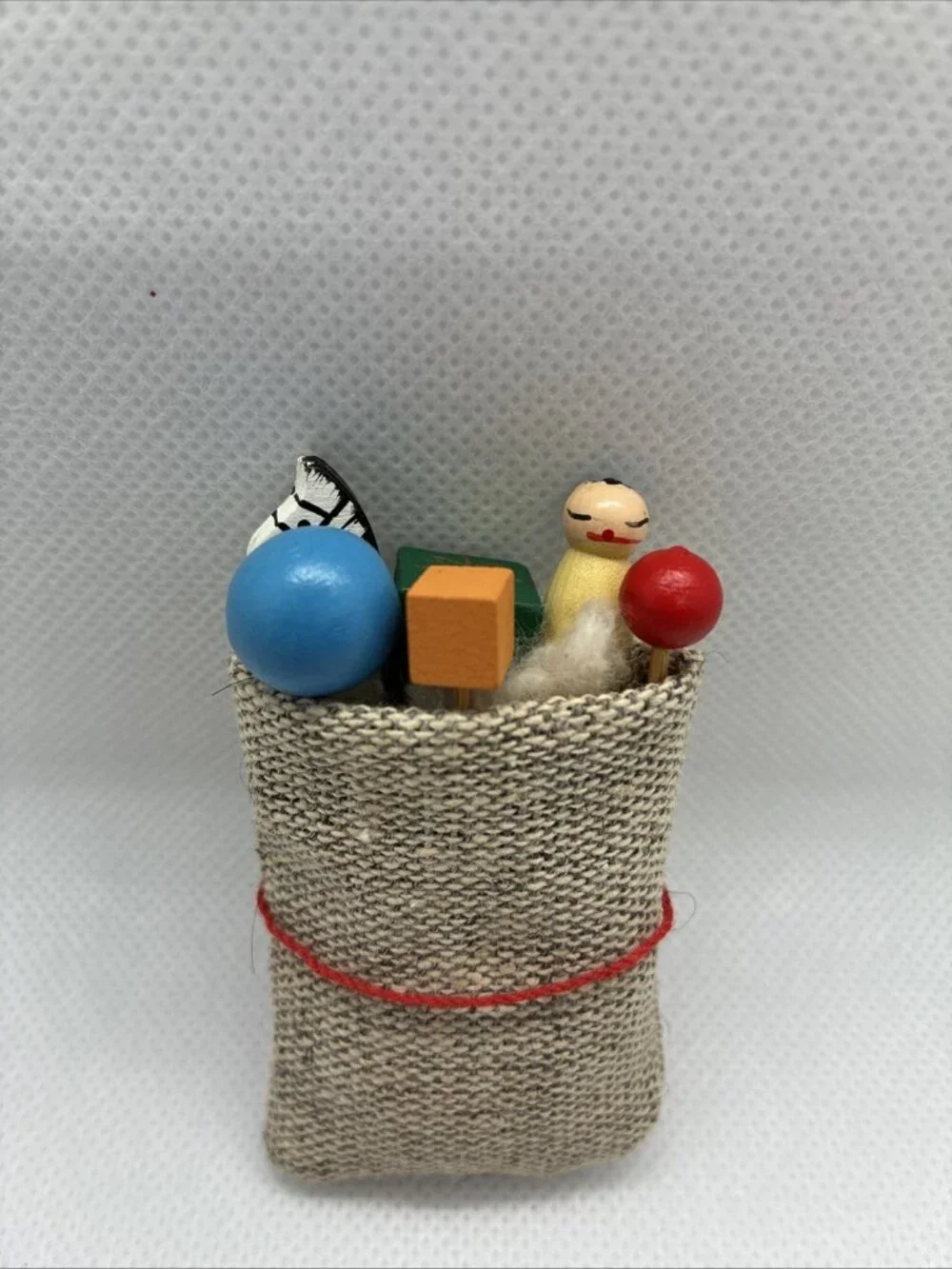 Vintage Miniature Toy Sack Tiered Tray Decor Wooden Toys Christmas Holiday Decor